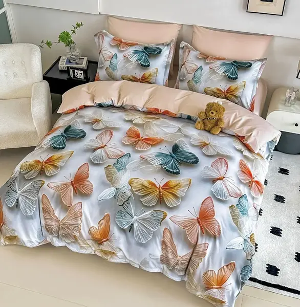 Lenjerie pat single, FINET, Imprimeu Digital - Identic cu poza, 4 piese, cu ELASTIC, Jojo Home, Gri, Bej, Fluturi