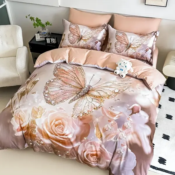 Lenjerie pat single, FINET, Imprimeu Digital - Identic cu poza, 4 piese, cu ELASTIC, Jojo Home, Sampanie, Fluturi, Trandafiri