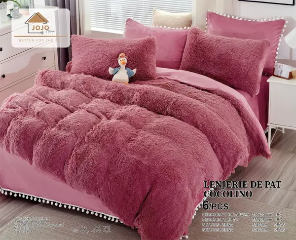 Lenjerie pat super pufoasa COCOLINO Fluffy cu ciucuri, 6 piese, PURPURIU