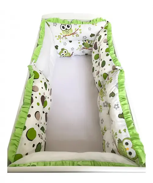 Lenjerie patut 120x60 cm cu 6 aparatori pufoase, cearsaf si paturica Bufnite verzi