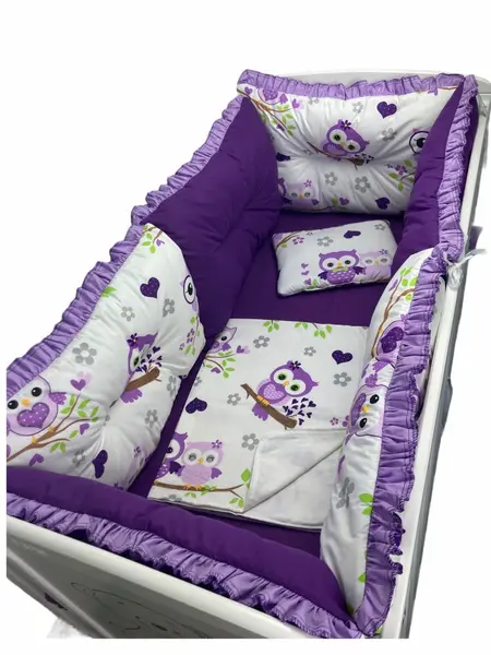 Lenjerie patut 140x70 cm cu 6 aparatori pufoase, cearsaf si paturica Bufnite violet