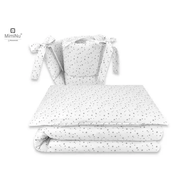 Lenjerie patut 3 piese cu protectie laterala Mini Gray Stars din bumbac pentru patut 120x60 cm