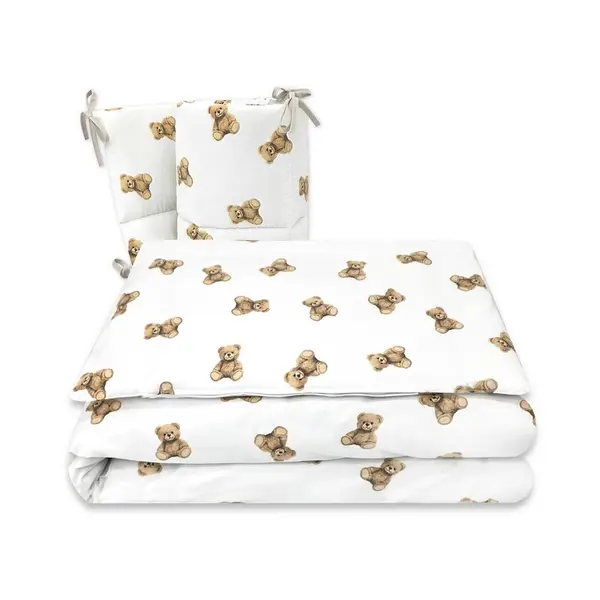 Lenjerie patut 3 piese, Qmini, Pentru patut 120x60 cm, Cu protectie laterala, Din bumbac certificat Oeko Tex Standard 100, Teddy Toys