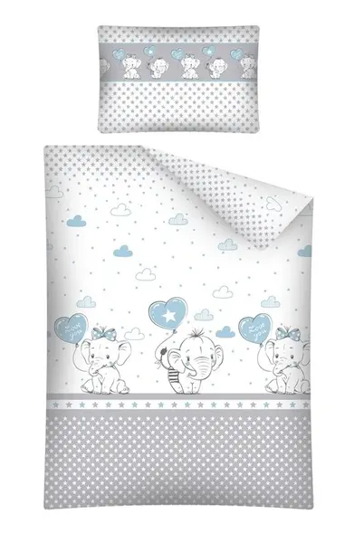 Lenjerie patut cu 3 piese 120x60 cm Elefant cu balon inima albastra