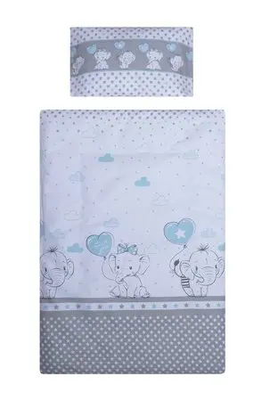 Lenjerie patut cu 3 piese 120x60 cm fete de schimb Elefant cu balon inima albastra