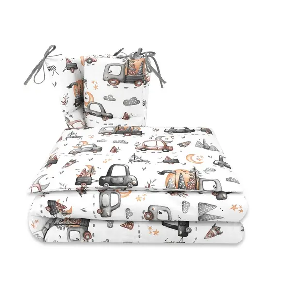 Lenjerie patut cu 3 piese, MimiNu, Pentru patut 120x60 cm, Cu protectie laterala, Din bumbac certificat Oeko Tex Standard 100, Design, Cars Grey