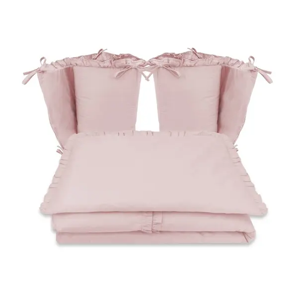 Lenjerie patut cu 4 piese, MimiNu, Pentru patut 120x60 cm, Cu doua protectii laterale, Cu volanase, Din bumbac certificat Oeko Tex Standard 100, Colectia Royal, Powder Pink