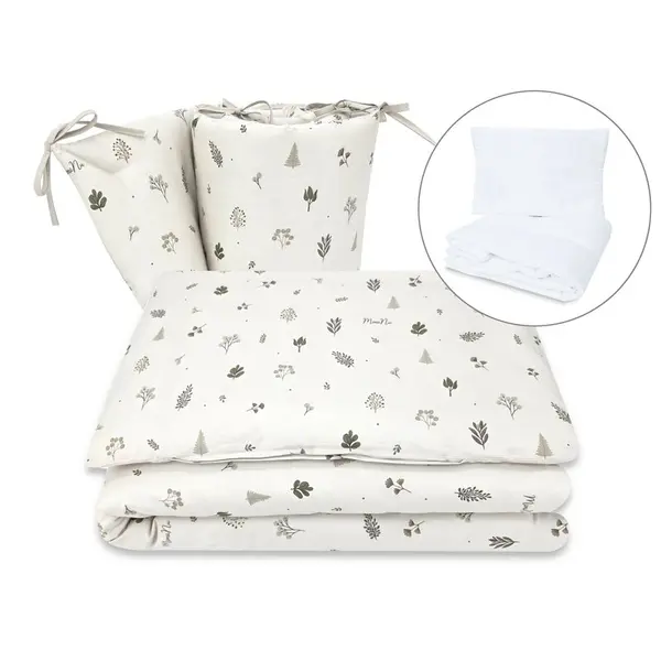 Lenjerie patut cu 5 piese, MimiNu, Pentru patut 120x60 cm, Cu pilota si perna, Din bumbac certificat Oeko Tex Standard 100, Leaves