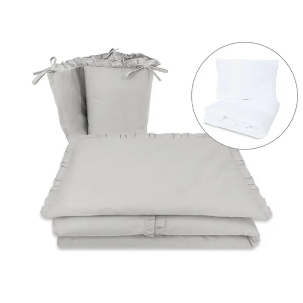 Lenjerie patut cu 5 piese, MimiNu, Pentru patut 120x60 cm, Cu volanase, Cu pilota si perna, Din bumbac certificat Oeko Tex Standard 100, Colectia Royal, Grey