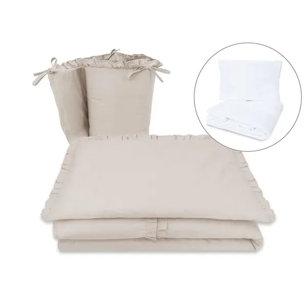 Lenjerie patut cu 5 piese, MimiNu, Pentru patut 120x60 cm, Cu volanase, Cu pilota si perna, Din bumbac certificat Oeko Tex Standard 100, Colectia Royal, Beige