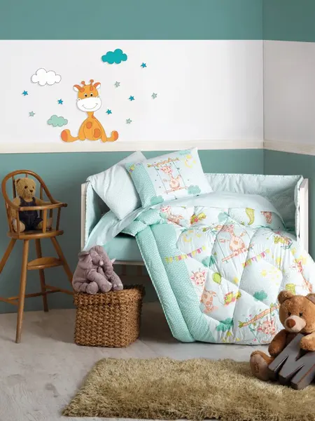 Lenjerie patut cu 6 piese Baby Ranforce Giraffe Green