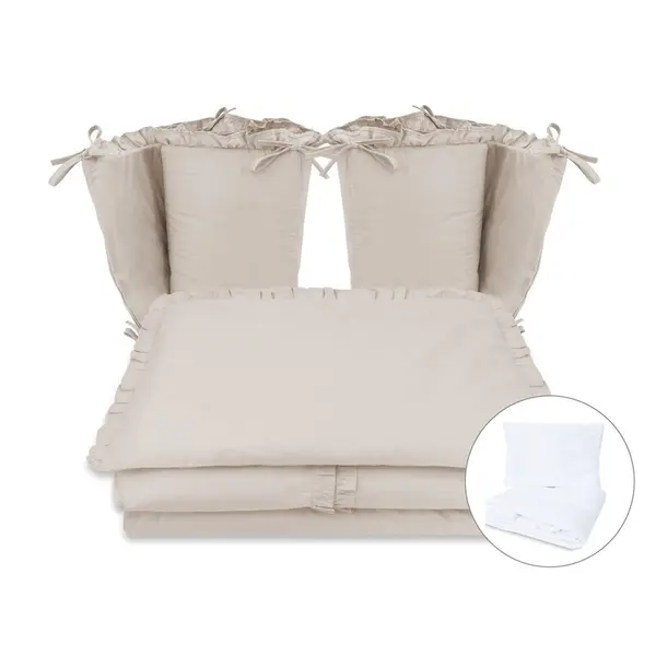 Lenjerie patut cu 6 piese, MimiNu, Pentru patut 120x60 cm, Cu volanase, Cu pilota si perna, Cu doua aparatori laterale, Din bumbac certificat Oeko Tex Standard 100, Colectia Royal, Beige