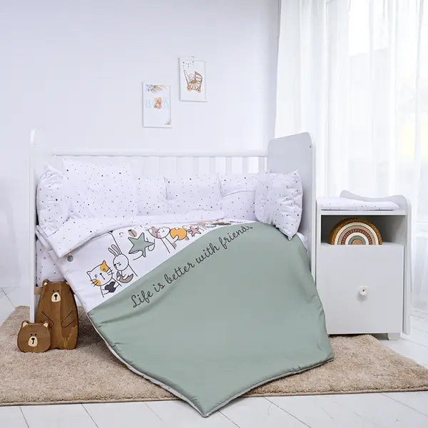 Lenjerie pătuț Lorelli - Trend, Happy Friends, cu protecție laterală, mentă