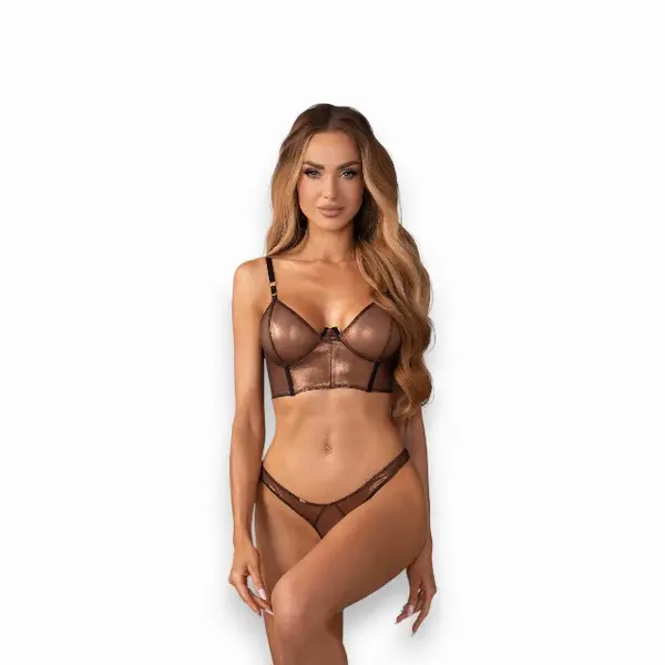 Lenjerie sexy 2 piese OBSESSIVE Soranna, top + tanga crotchless, din plasă, transparent, reflexe aurii, mărime S/M