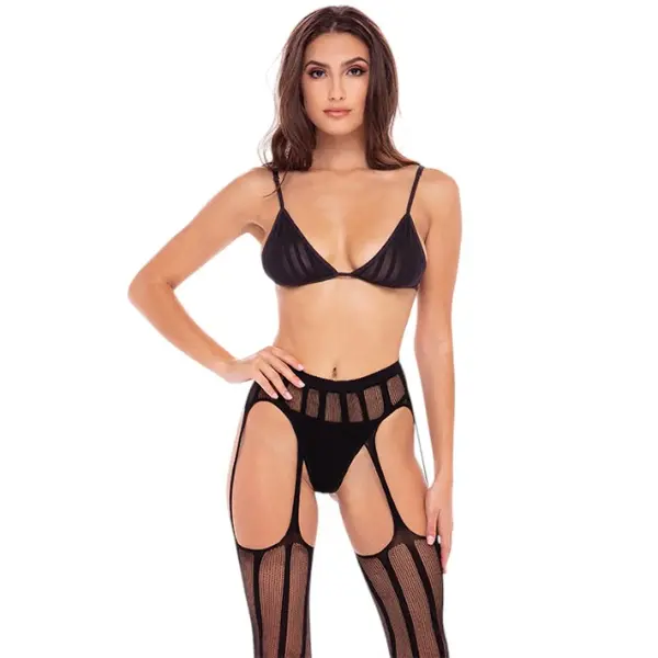 Lenjerie sexy 3 piese RENE ROFE Straight Up, cu sutien, chilot tanga și dresuri cu portjartier, model cu dungi verticale, negru, mărimea M/L, model 7096-BLKML
