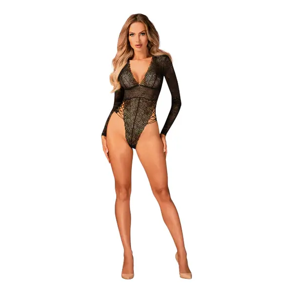 Lenjerie sexy teddy OBSESSIVE Merlys, body cu mâneci lungi, din dantelâ, detalii cu șnur pe șolduri, culoare negru, mărime XS/S
