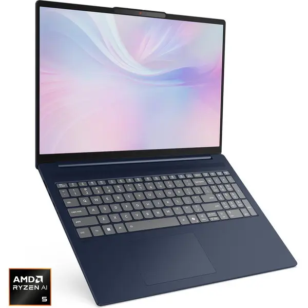 Lenovo Laptop Lenovo IdeaPad Slim 5 16AKP10, Display 16'' 2.8K 2880x1800, OLED, Procesor AMD Ryzen™ AI 5 340, Memorie RAM 16GB DDR5, Capacitate de stocare 1TB SSD, Placa video integrata AMD Radeon 840M, Free DOS, Albastru (INT Keyboard)