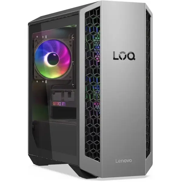 Lenovo Sistem Desktop PC Gaming Lenovo LOQ Tower 26ADR10, procesor AMD Ryzen™ 7 8745HX pana la 5.1GHz, 32GB DDR5, 1TB SSD, NVIDIA® GeForce RTX™ 5060 Ti 16GB GDDR7, No OS, Gri/Negru