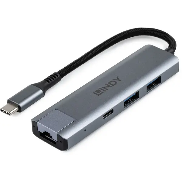 Lindy USB Hub Lindy 43422, interfata USB-C la 2x USB-A 3.2 Gen 2 si USB-C 3.2 Gen 2, RJ45, Gigabit Ethernet, cablu 15 cm, aluminiu, gri