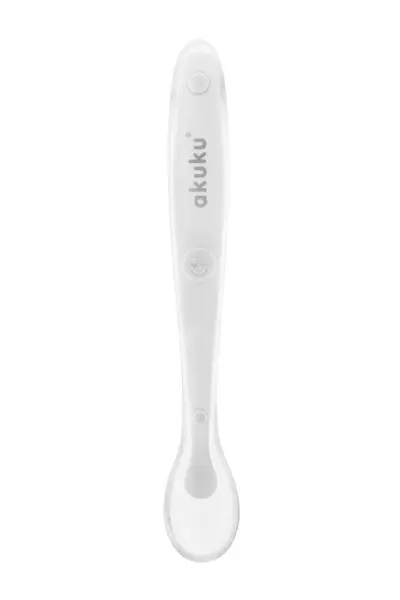 Lingurita din silicon pentru bebelusi Akuku Soft Spoon White,textura moale ce nu raneste gingiile,maner ergonomic,fara bpa,compatibila cu masina de vase