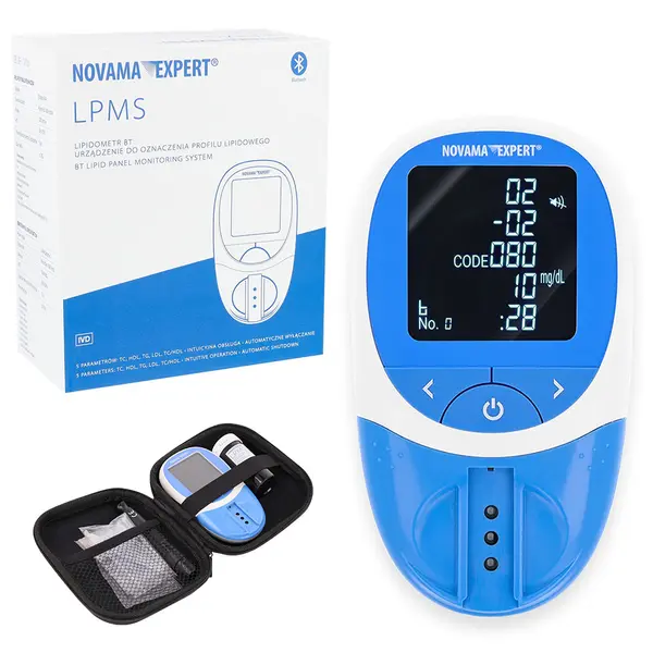Lipidometru Novama Expert LPMS, analizor profil lipidic TC/HDL/LDL/TG, memorie 1000 teste, 10 benzi testare cu calibrare, lancete sterile, dispozitiv de intepare, capilare, etui