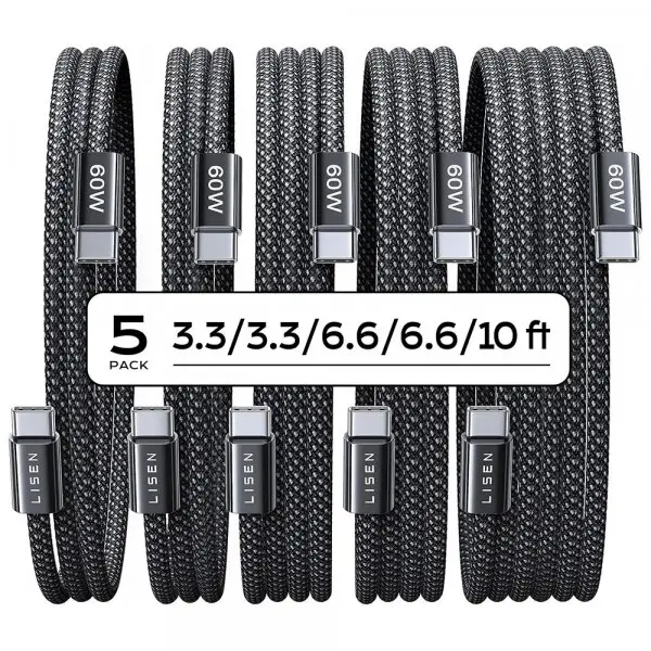Lisen Cablu Date si Incarcare USB-C - USB-C Lisen, 60W, Set 5 bucati (2 x 1m, 2 x 2m, 1 x 3m), Negru YL0123070010