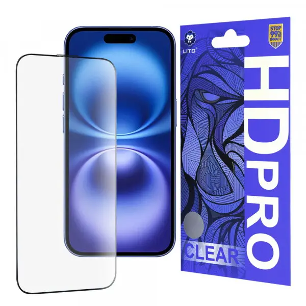 LITO Folie de protectie Ecran Lito HD Pro Clear pentru Apple iPhone 16, Sticla Securizata, Full Glue, Neagra
