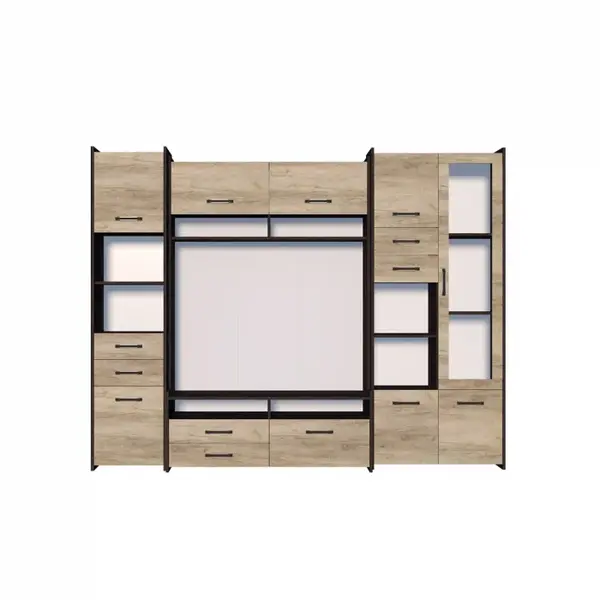 Living MOKKA II, 3 corpuri, corp PAL maro inchis, fronturi PAL stejar, 232x53x200 cm