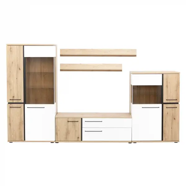 Living MOLTO Z.A, 5 corpuri, corp artisan, fronturi MDF artisan + alb, 336x53x201 cm