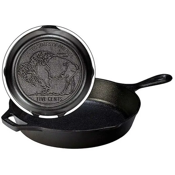 Lodge Tigaie adanca rotunda din fonta cu maner si logo Buffalo Nickel Lodge 26 cm L-8SK3BN