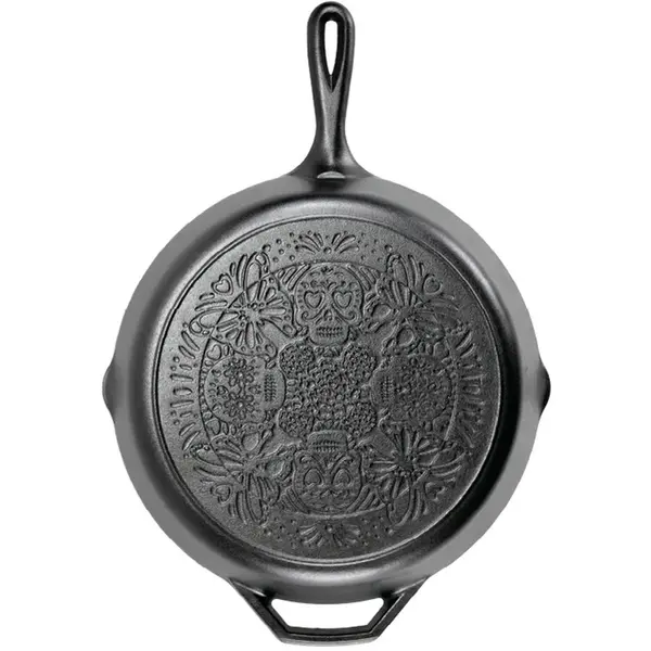 Lodge Tigaie adanca rotunda din fonta cu maner si Logo L-10SKULL, Sugar Skull Lodge, 30,5 cm