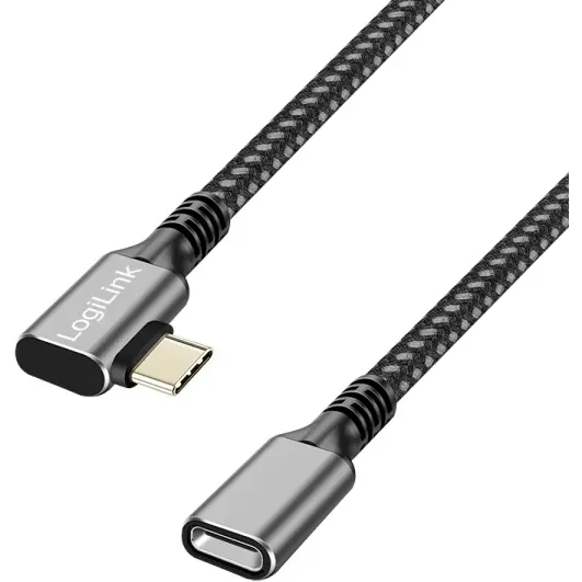logilink CABLU alimentare si date LOGILINK, pt. smartphone, USB Gen Type-C (M) la USB Type-C (T) la 90 grade, 1m, PD 100W, 2 x ecranat, aluminiu, Braiding, Negru-gri, CUA0111