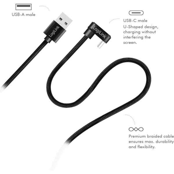 logilink CABLU alimentare si date LOGILINK, pt. smartphone, USB 2.0, USB Type-C (T) la USB-A (T) la 180 grade, 1m, 2 x ecranat, aluminiu, negru