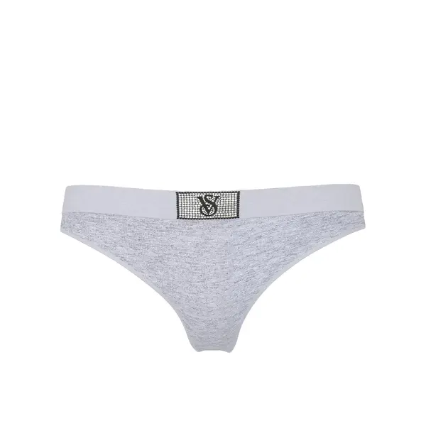Logo cotton shine patch thong panty - medium heather grey M