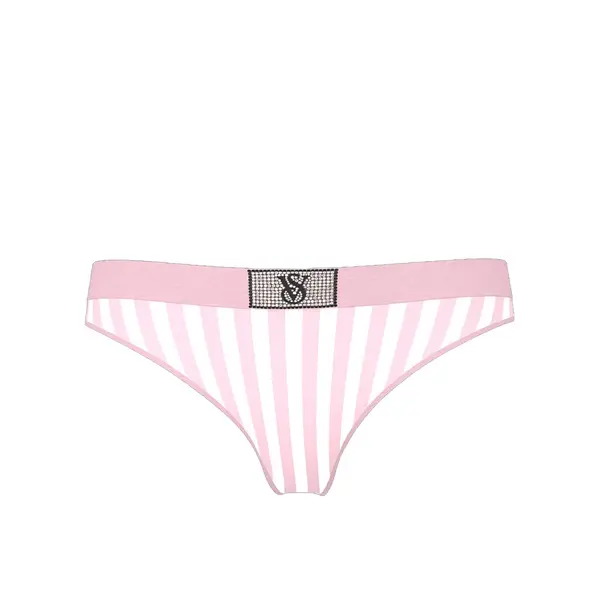 Logo cotton shine patch thong panty - pink stripes M