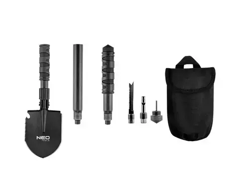 Lopata multifunctionala de supravietuire NEO Tools 8in1 63-122, Design pliabil, Fierastrau, Tarnacop, Cazma, Fluier, Iasca (Negru)