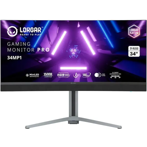 LORGAR Monitor Gaming curbat LORGAR Pro 34MP1, Diagonala 34, Rezolutie UWQHD 3440x1440, 1 ms, Contrast 4000:1, 180Hz, LRG-34MP1W180C-GY