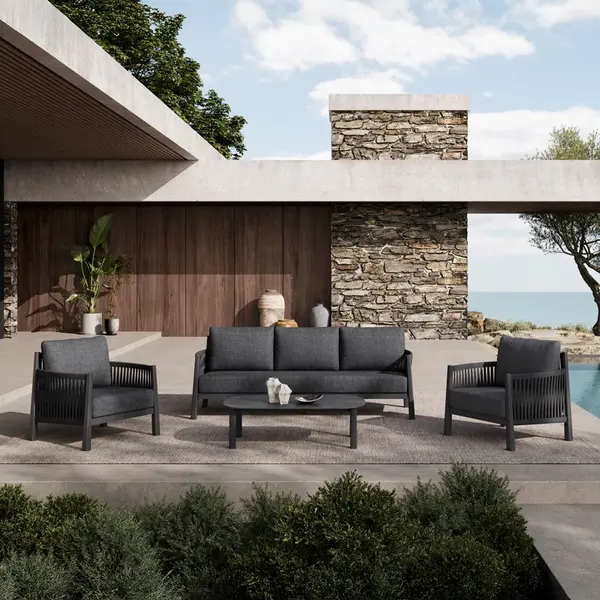 Lounge de exterior Feralda, cu funcție relaxare, aluminiu și sfoară gri deschis, compacte, 218x79x73 cm