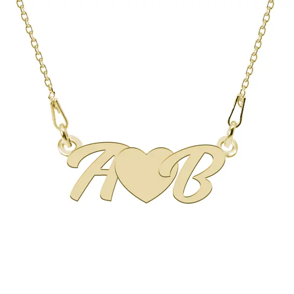 Love - Colier personalizat cu initiale si inimioara din argint placat cu aur galben 24K