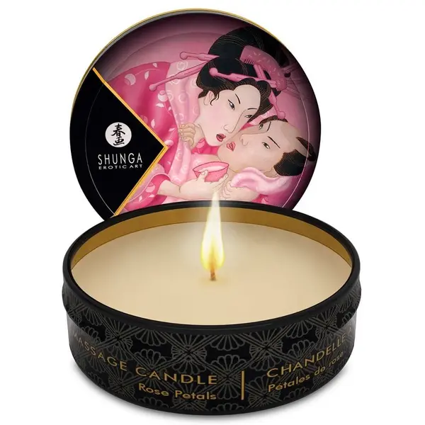 Lumânare de masaj Shunga – Mini Caress by Candlelight, cu aromă de trandafiri, 30 ml