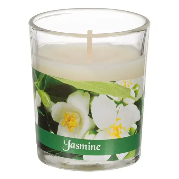Lumanare parfumata cu aroma proaspata de iasomie, in pahar, 5 x 6.5 cm