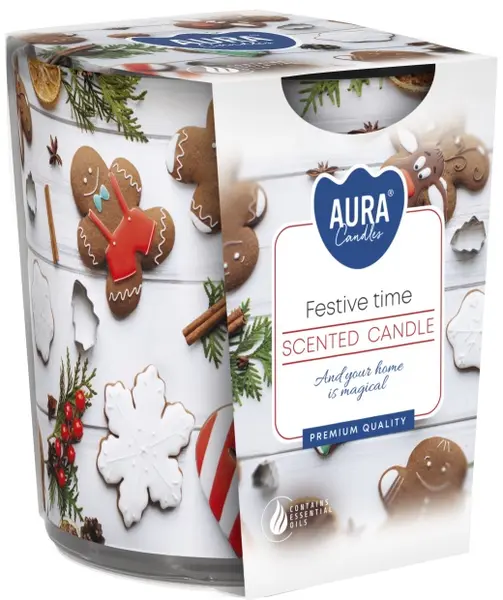 lumânare parfumată într-o cană Bispol Aura - Festive Time, 100 g