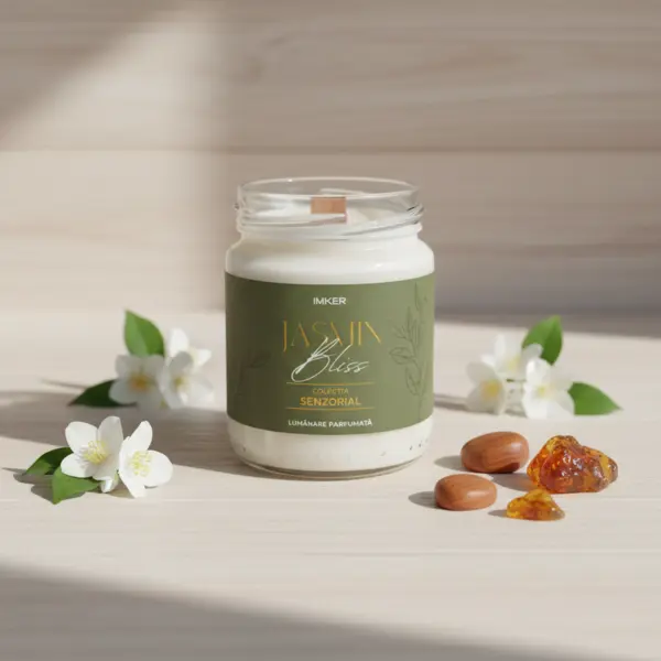 Lumânare parfumată Jasmin Bliss - iasomie albă, lemn de cașmir și chihlimbar