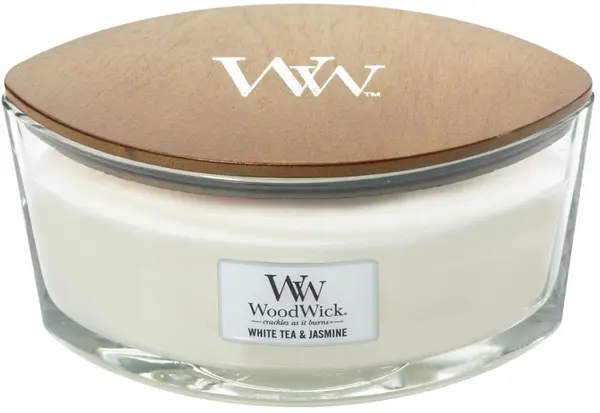 Lumânare parfumată WoodWick Ceai alb și iasomie, 453.6 g
