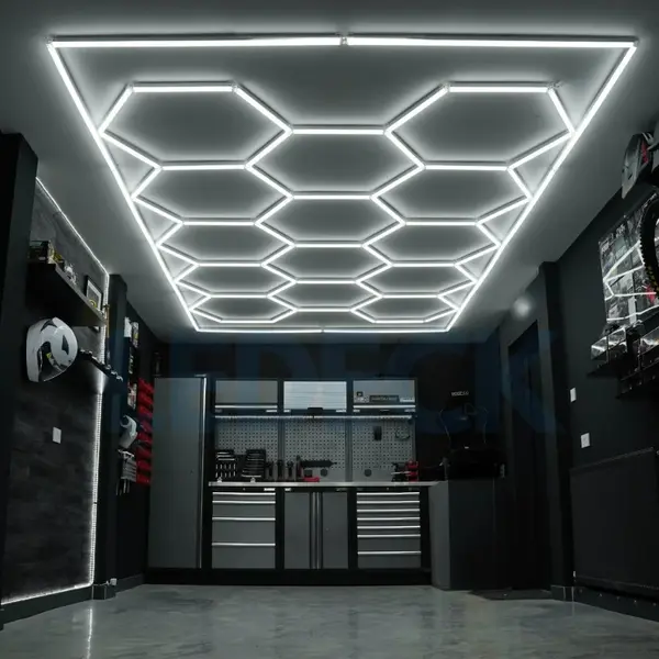 Lumină LED Hexagonală 14 Module + Rama 484x243 cm - Iluminare Profesională Atelier Detailing Auto 672W Honeycomb