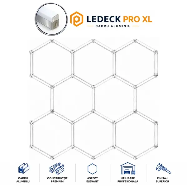 Lumină LED Hexagonală Profesională Aluminiu - 8 Module 568mm 299x315CM - Service Auto, Detailing, Ateliere, Spații Comerciale