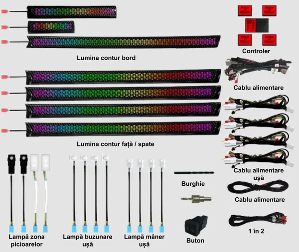Lumini ambientale dedicate Toyota Land Cruiser Prado 2010-2019, RGB Acrilice 19 in 1 Dinamice cu efect symphony, Control din Aplicatie Bluetooth