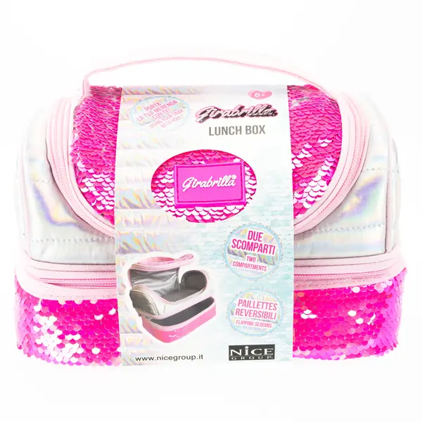 Lunch box Girabrilla - cutie termica matlasata cu paiete reversibile si interior impermeabil Pink Fluo