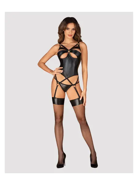 M/L - Corset din imitatie de piele cu jartiere si chilot tanga Corset Armares Negru