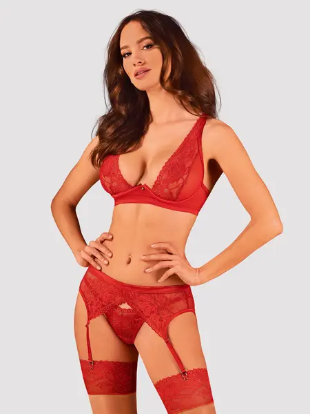 M/L - Set compus din sutien, portjartier si chilot tanga Lacelove Rosu